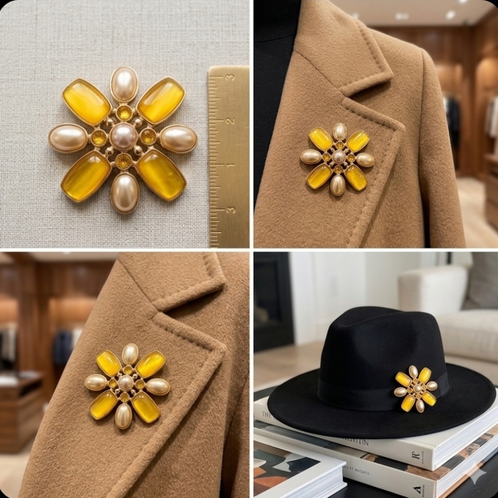 Gold-Tone Yellow Flower Statement Brooch with Pearl Accents
